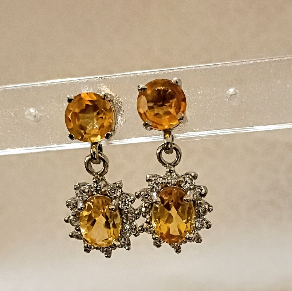 New Sterling Silver Golden  Citrine CZ Dangle Drop November Birthstone Earrings